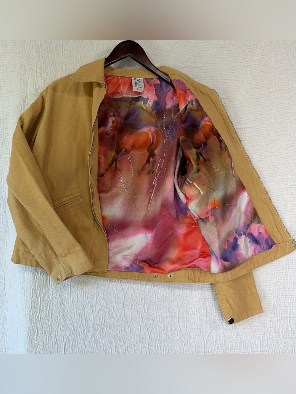 Ethyl Horse Detroit Style Canvas Jacket Women Medium Tan Western Rhinestone Art